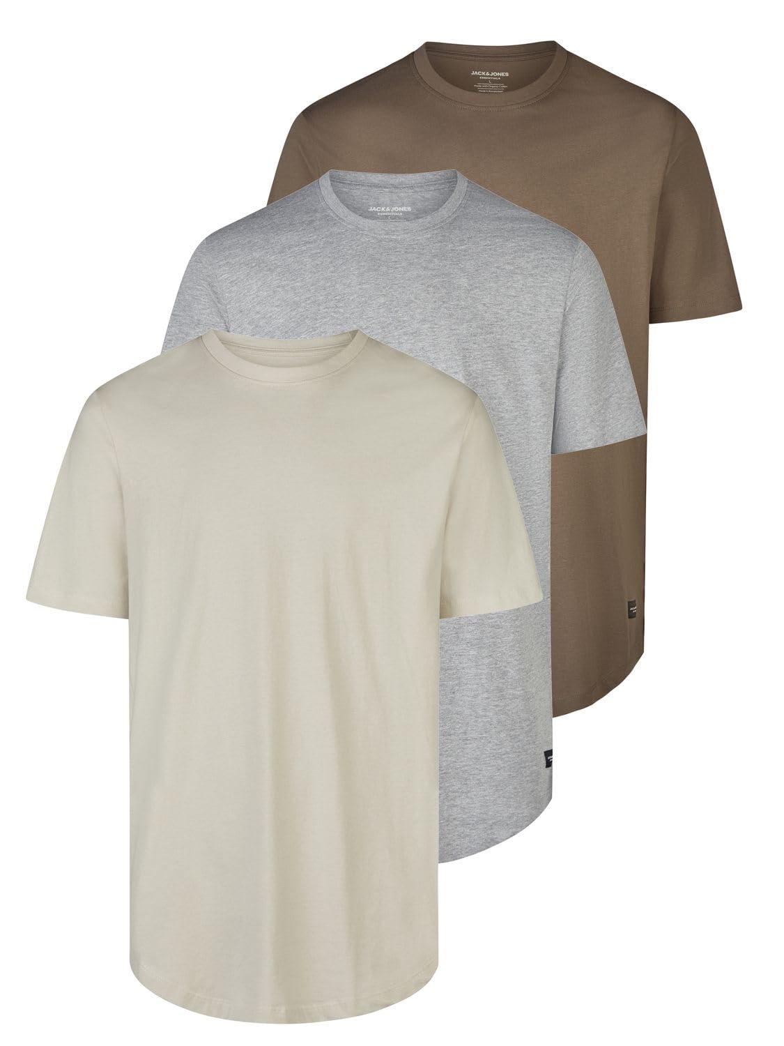 JACK & JONES JJENOA T-shirt męski, długi krój, zestaw 100% bawełny organicznej, regularny krój, 3-pak, okrągły dekolt, krótki rękaw, na lato, organiczny, czarny, biały, beżowy, zielony, szary, S, M, L
