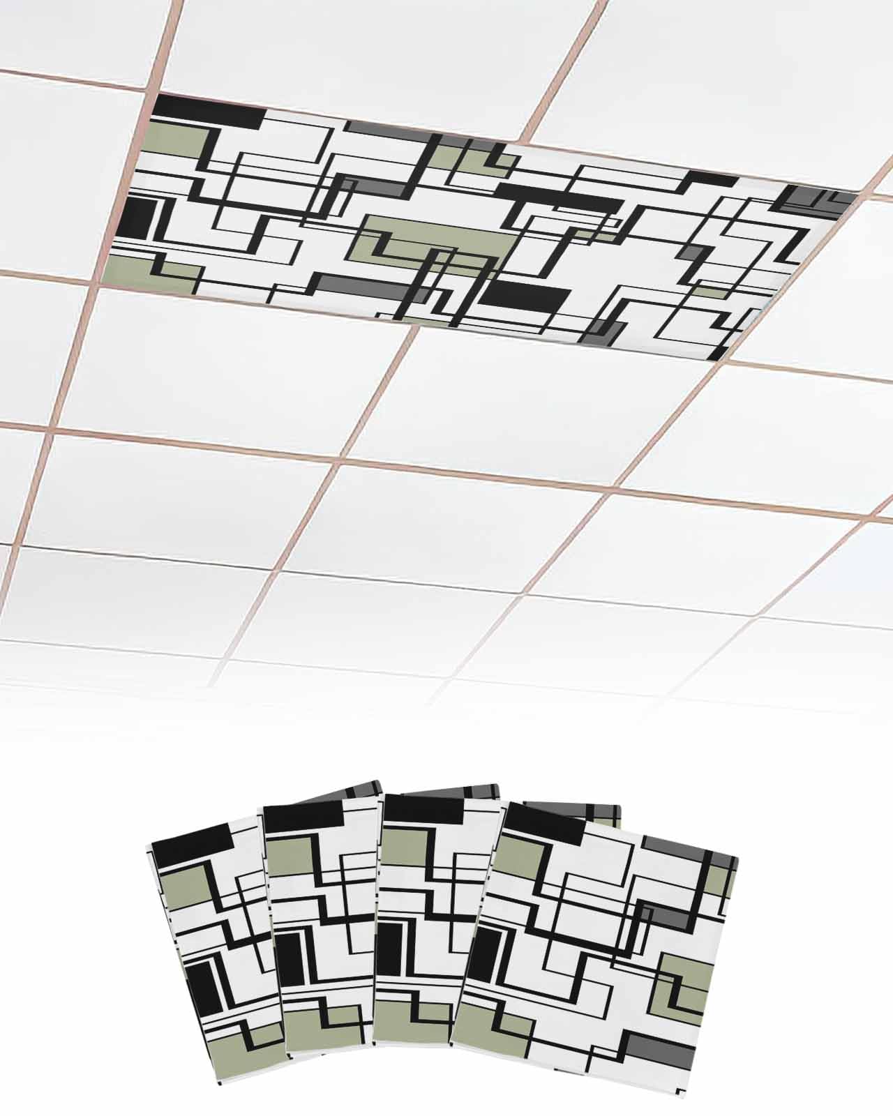 SELINGY 4 Pcs Fluorescent Light Covers for Ceiling Lights Abstract Geometric Line 4 x 2 Feet Decorative Magnetic Light Filters for Classroom, Offices, and Home Drop Ceiling Supplies, Sage Green Black