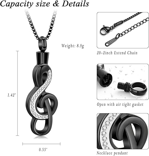Miniatura 2 de XSMZB Cremation Jewelry Crystal Music Note Urn Necklace for Ashes Stainless Steel Necklace Urn Cremation Memorial Ashes Holder Keepsake Pendant