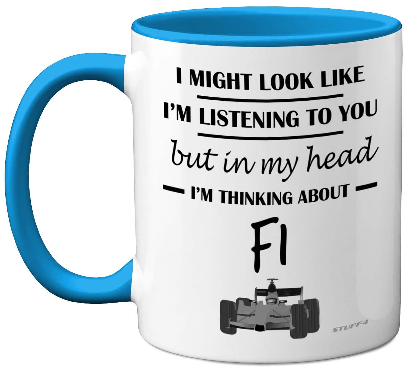 Formula 1 Gifts - in My Head I'm Thinking About F1 - Funny F1 Gifts for Men, Car Lover for Him, Mug, Formula One 11oz Ceramic Dishwasher Safe Blue Handle Mugs Novelty Cup