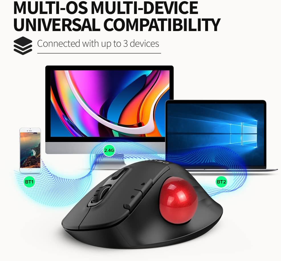 DeLUX Bluetooth Trackball Mouse, Wireless Ergonomic Rollerball Mouse with 2400DPI, Smooth Easy Thumb Control, 3 Devices Connection, Red Ball, Compatible for Windows, PC, Mac (MT1-Black)