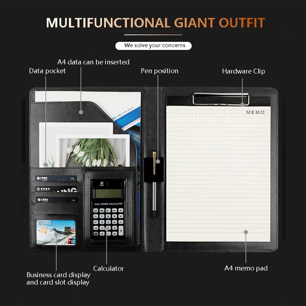 Porte-Documents Portfolio A4 Professionnel En Cuir Dossier De Conférencier Luxe Porte Document Conférence Cadeau Idéal Business Padfolio Case Homme Ou Femme(Black+12-digit calculator)