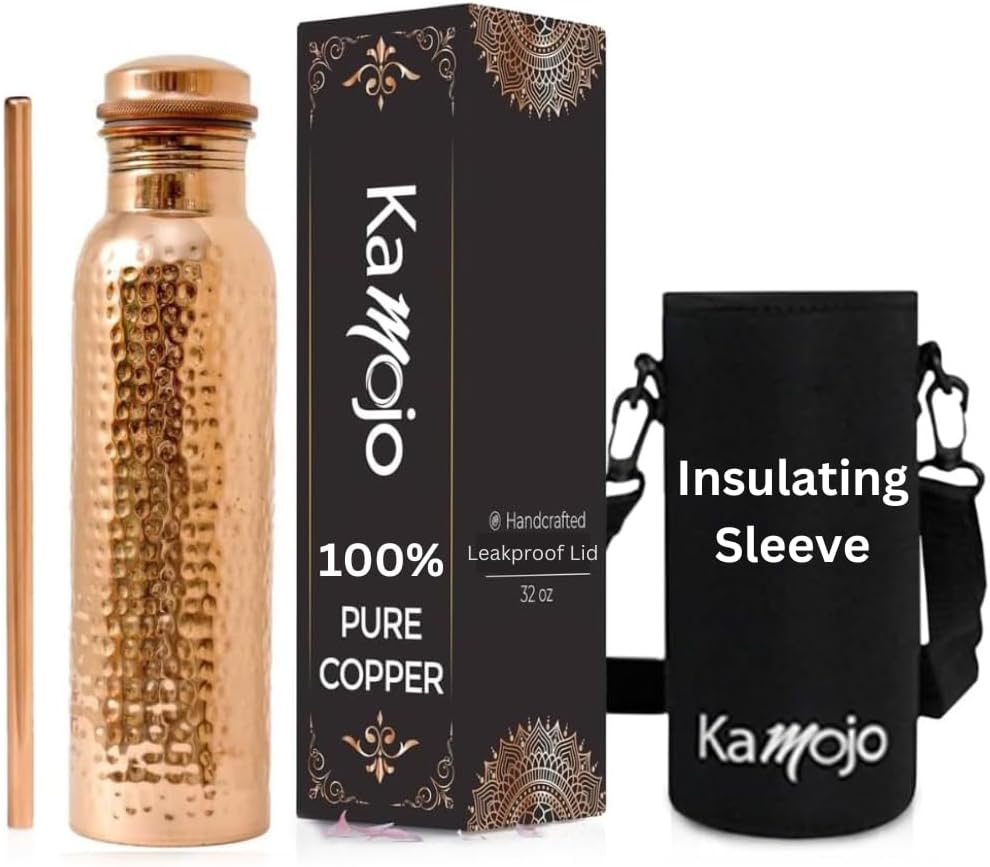 Copper Water Bottle for Drinking - Hammered 100% Pure Copper Tumbler with Push Button Lid, Removable Insulating Sleeve & Straw - Handcrafted 32 fl oz Ayurvedic Cup for Water