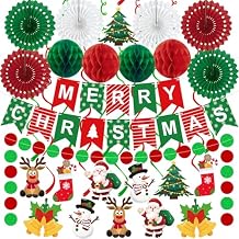 25pcs Christmas Party Decorations Merry Christmas Banner Paper Fan Garlands String Circle Dot Honeycomb Ball Swirl Streamers Snowman Santa for Xmas Decorations Indoor Home Decor