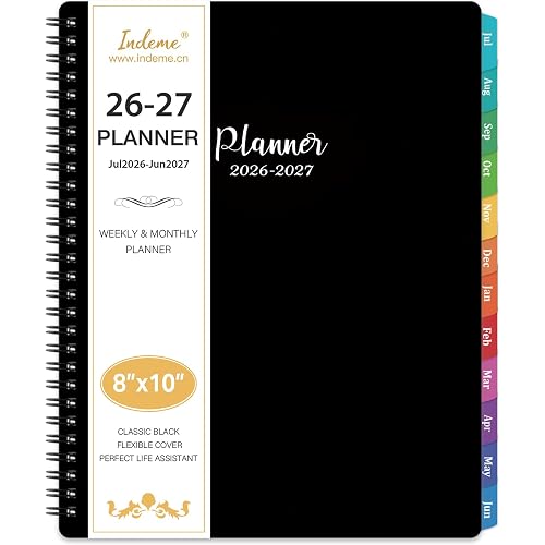 2026-2027 Planner - Planner 2026-2027 Weekly and Monthly, Jul. 2026 - Jun. 2027, 8" x 10", with Tabs, Thick Paper, Spiral Binding, Classic Black