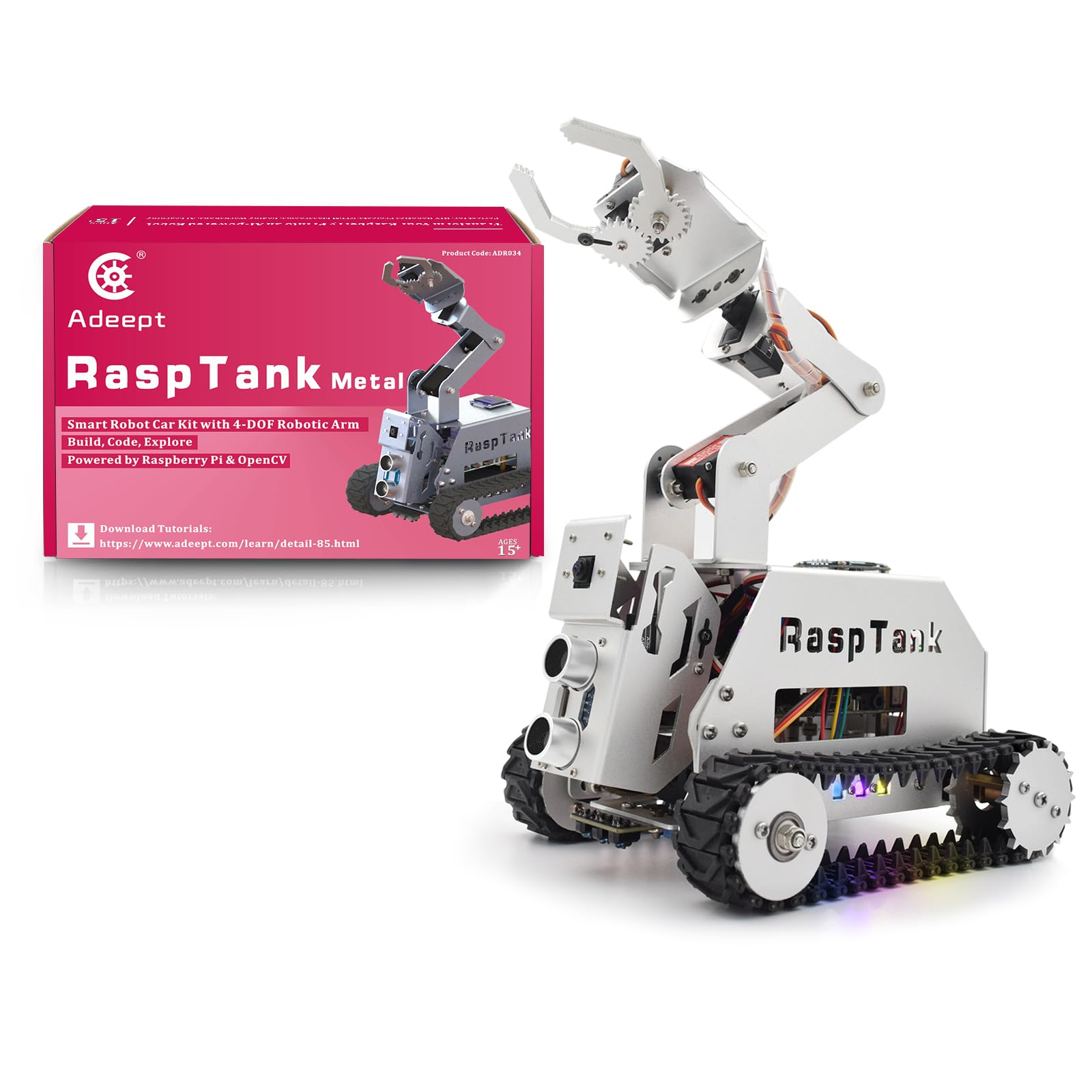 Adeept RaspTank - Kit per auto intelligente in metallo per Raspberry Pi 5/4B/3B/3B+(scheda non inclusa), robot per il monitoraggio del serbatoio con braccio robot 4 DOF, OpenCV, prevenzione ostacoli