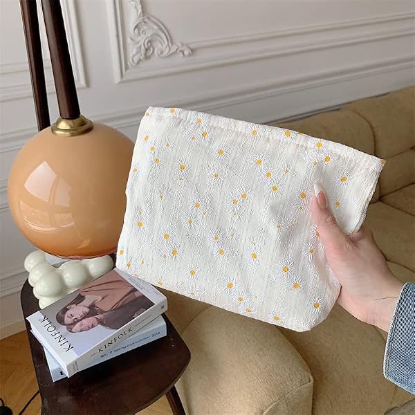 Makeup Bag Large Zipper Make Up Pouch for Purse Travel Canvas Cosmetic Organizer for Women Brush Storage,Cotton Daisy Beige - 5