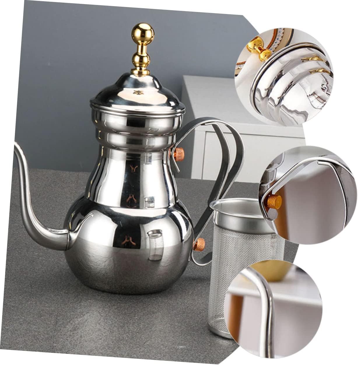 Alipis Stainless Steel Court Coffee Pot with Filter Middle East Style Decorative Hand Brewing Kettle Ergonomic Handle Long Spout for Coffee Tea Brewing and Serving