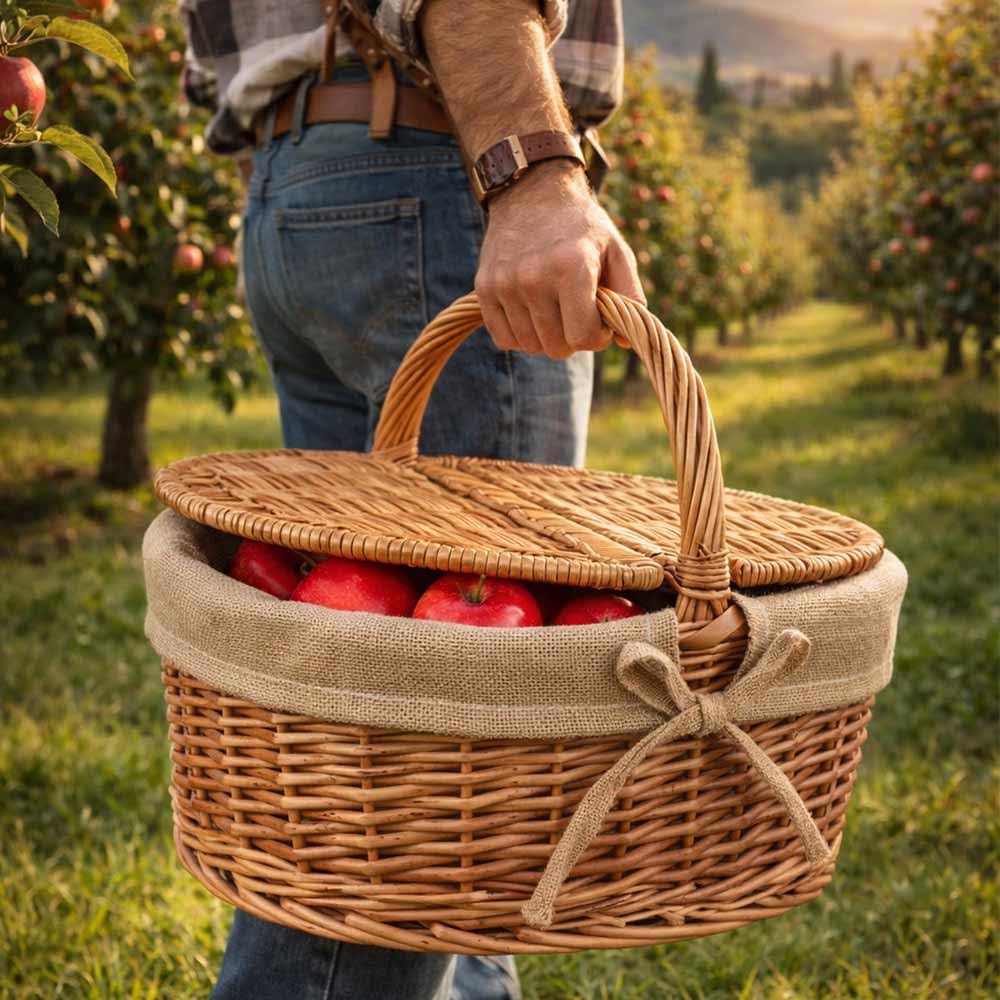Cesto Picnic in Vimini e Juta con Coperchio e Manico 50x32 h42 cm — Cestino da Pic Nic per 2-4 Persone, Raccolta Funghi, Idea Regalo