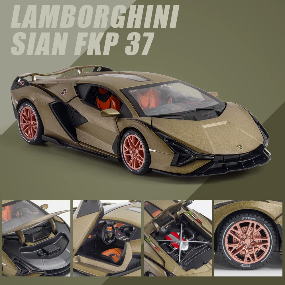 1/24 Diecast Car Toys for Kids, Zinc Alloy Lambo Sian FKP 37 Model Toy Car with Light and Sound, Pull Back Vehicles Toy Car for Toddlers Boys Girls Birthday Gift (Green) 1