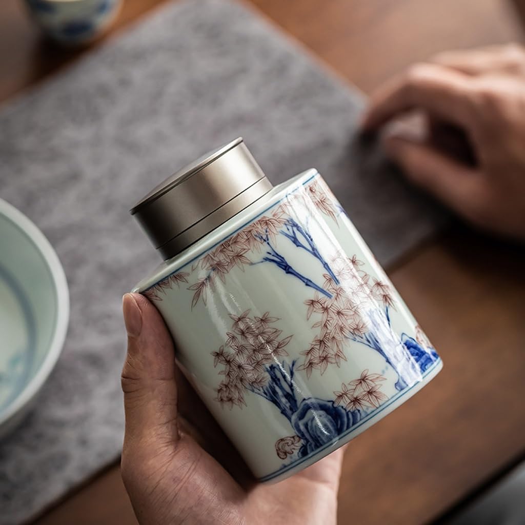 XYNSNDB Zestaw do herbaty Ceramiczna puszka na herbatę, Vintage niebiesko-biała zamknięta puszka na herbatę, aluminiowa pokrywka do przechowywania herbaty Może słoik do przechowywania herbaty