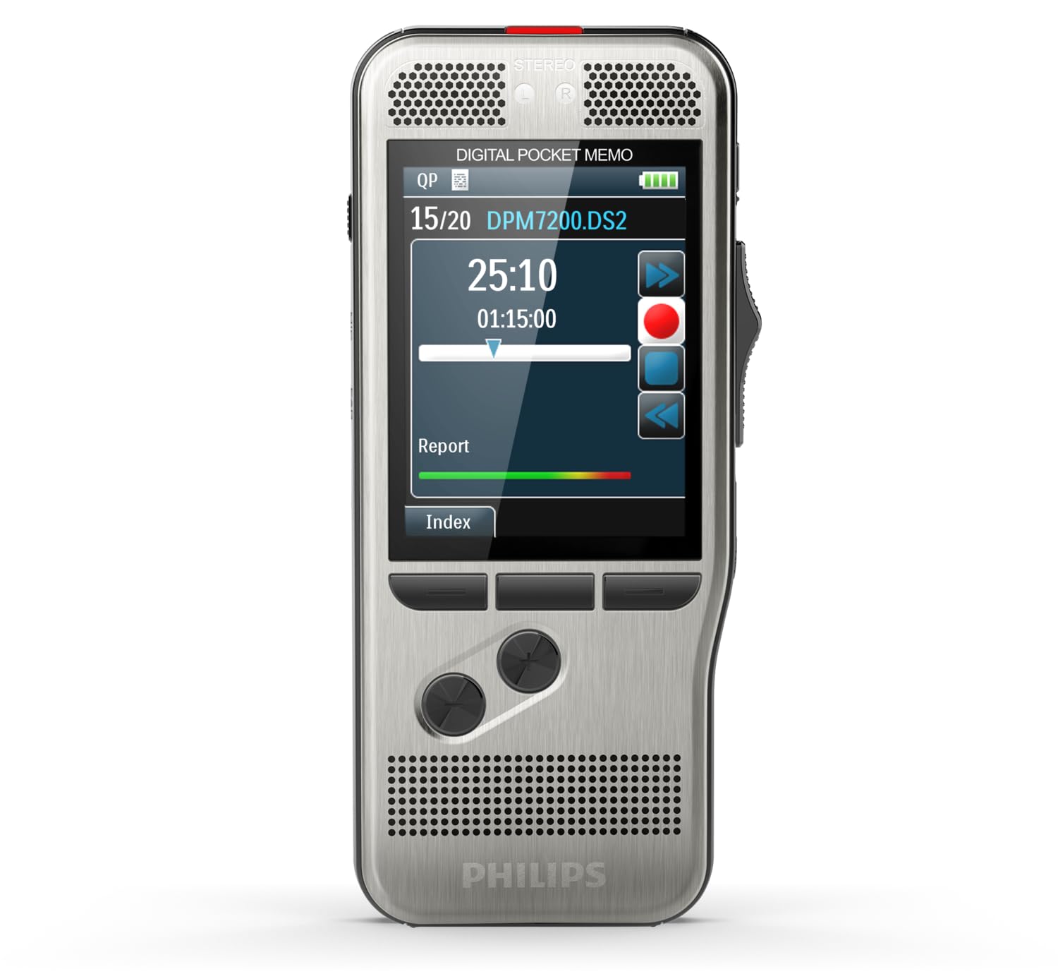 Philips Pocket Memo Digitales Diktiergerät DPM7200 Schiebeschalter-Bedienung, 2 Mikrofone für Stereo-Tonaufnahmen, Farbdisplay, Edelstahlgehäuse, inkl. Diktiersoftware SpeechExec Basic 2-Jahres-ABO
