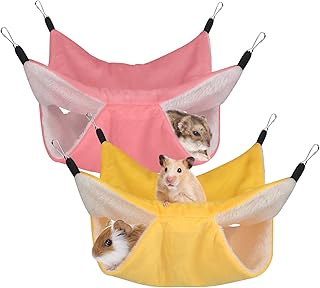 2 Pcs Pet Cage Hammock, Soft Plush Bunkbed Hanging Hammock Warm Double Layer Ferret Hammock Small Pet Hammock Accessories for Rat Guinea Pig Sugar Glider Squirrel Chinchilla Play Sleep (Yellow, Pink)