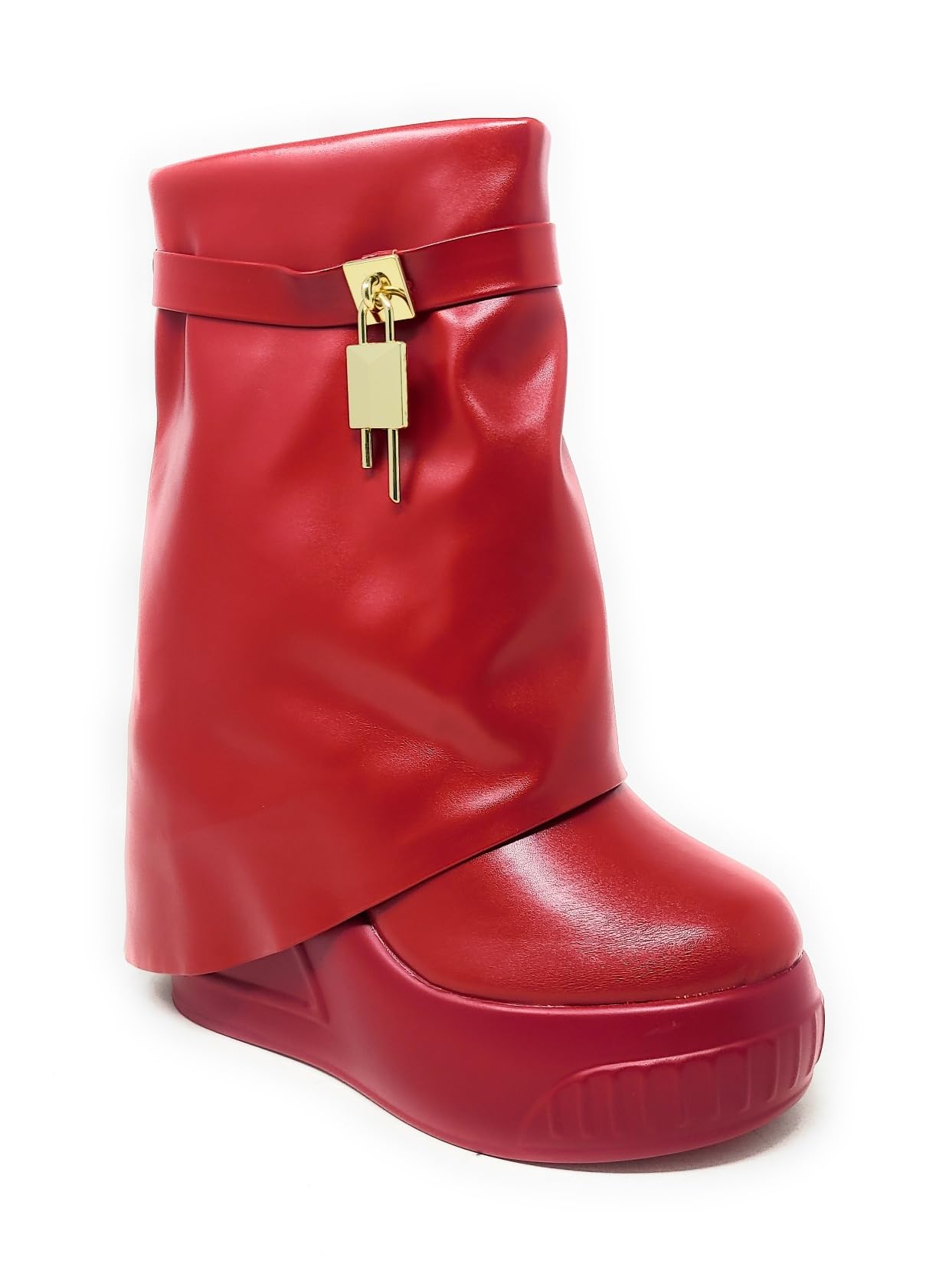 Women Round Toe Wedge Heel Fold Over Mid-calf Pull On Boots
