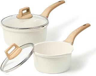 CAROTE Nonstick Granite Saucepan Set 1.5Qt & 3Qt with Lids, Induction Compatible, PFOA-Free Pour Spout Pots, Easy Clean White