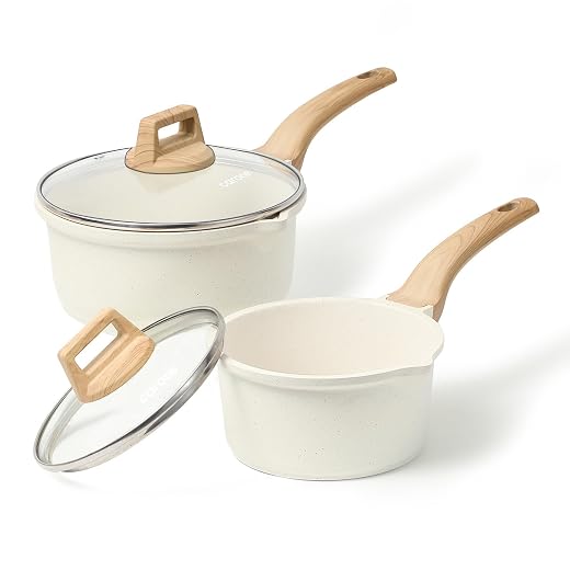 CAROTE 1.5Qt & 2.5Qt Sauce Pan Set with Lid Nonstick Saucepan 4 Pcs Non Stick Sauce Pots Cooking Pot with Pour Spout, Easy to Clean, Small Kitchen Pots Induction Pot, PFOA FREE (White Granite)