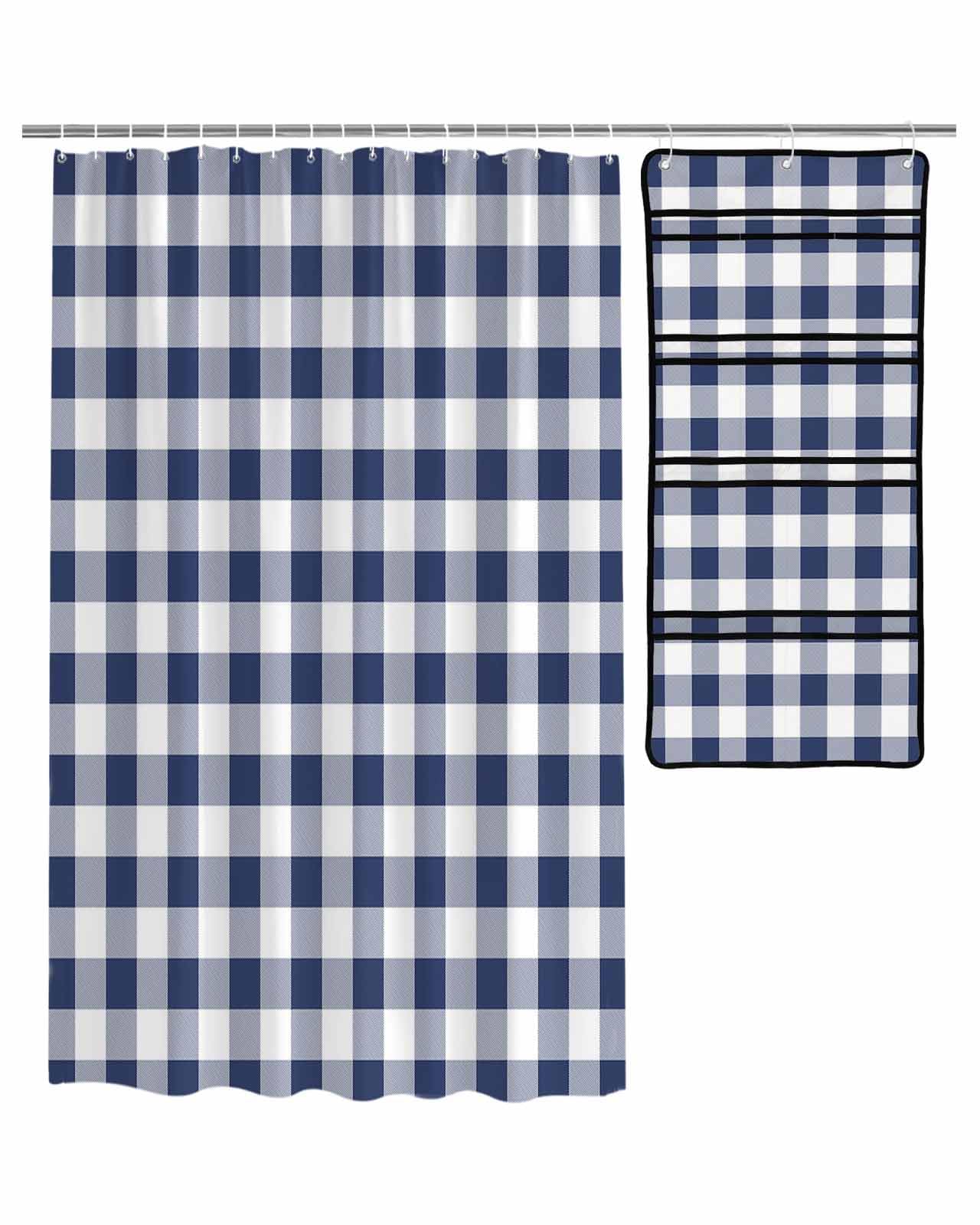 ZFUNCING Shower Curtain Mesh Shower Organizer Set Abstract Navy Blue and White Grid Waterproof Bath Curtains Hanging Shower