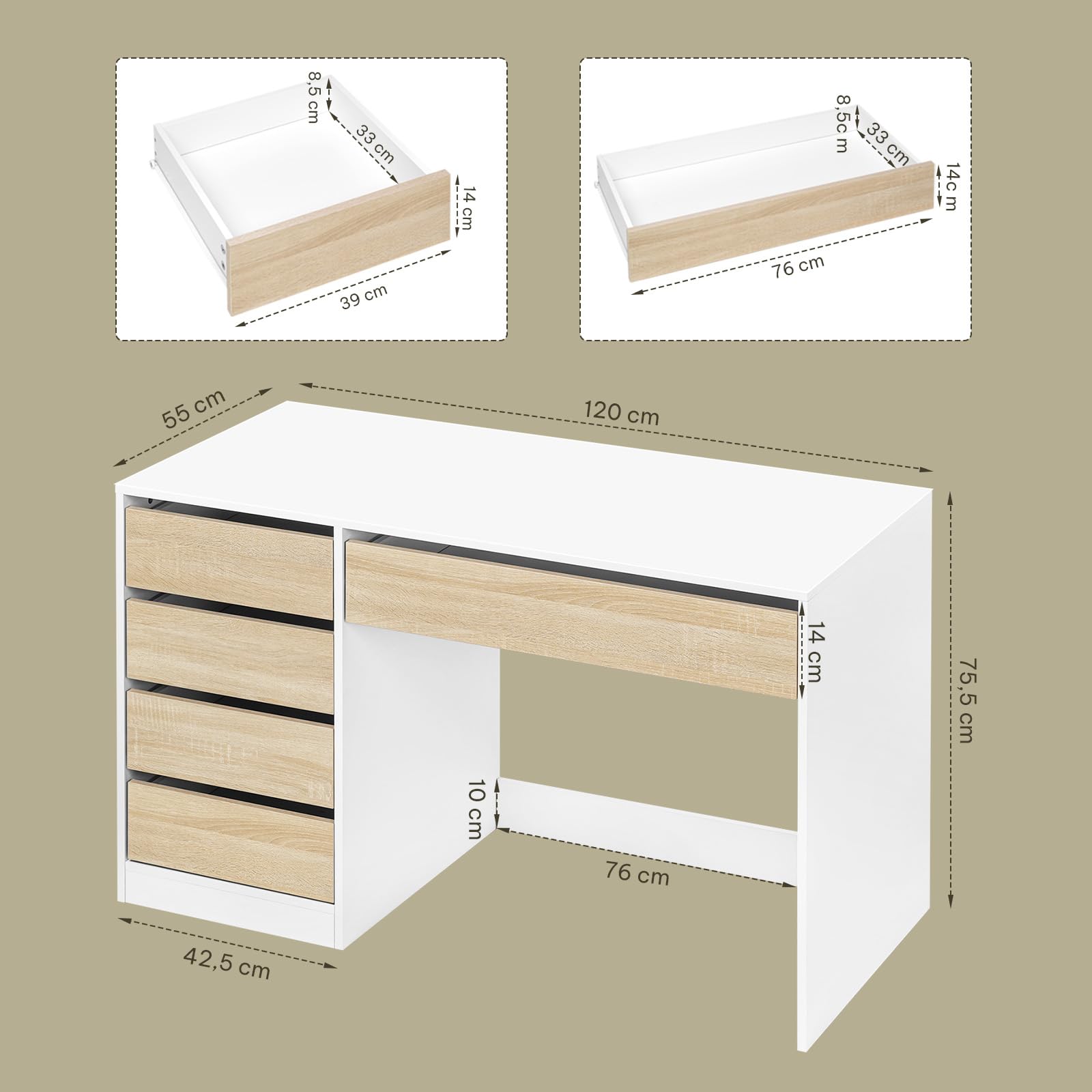 eSituro Escritorio con 5 Cajones, MDF, 120x55x75 cm, Blanco-Beige | Resistente al Agua, Cajones de Apertura Suave, para Dormitorio y Estudio