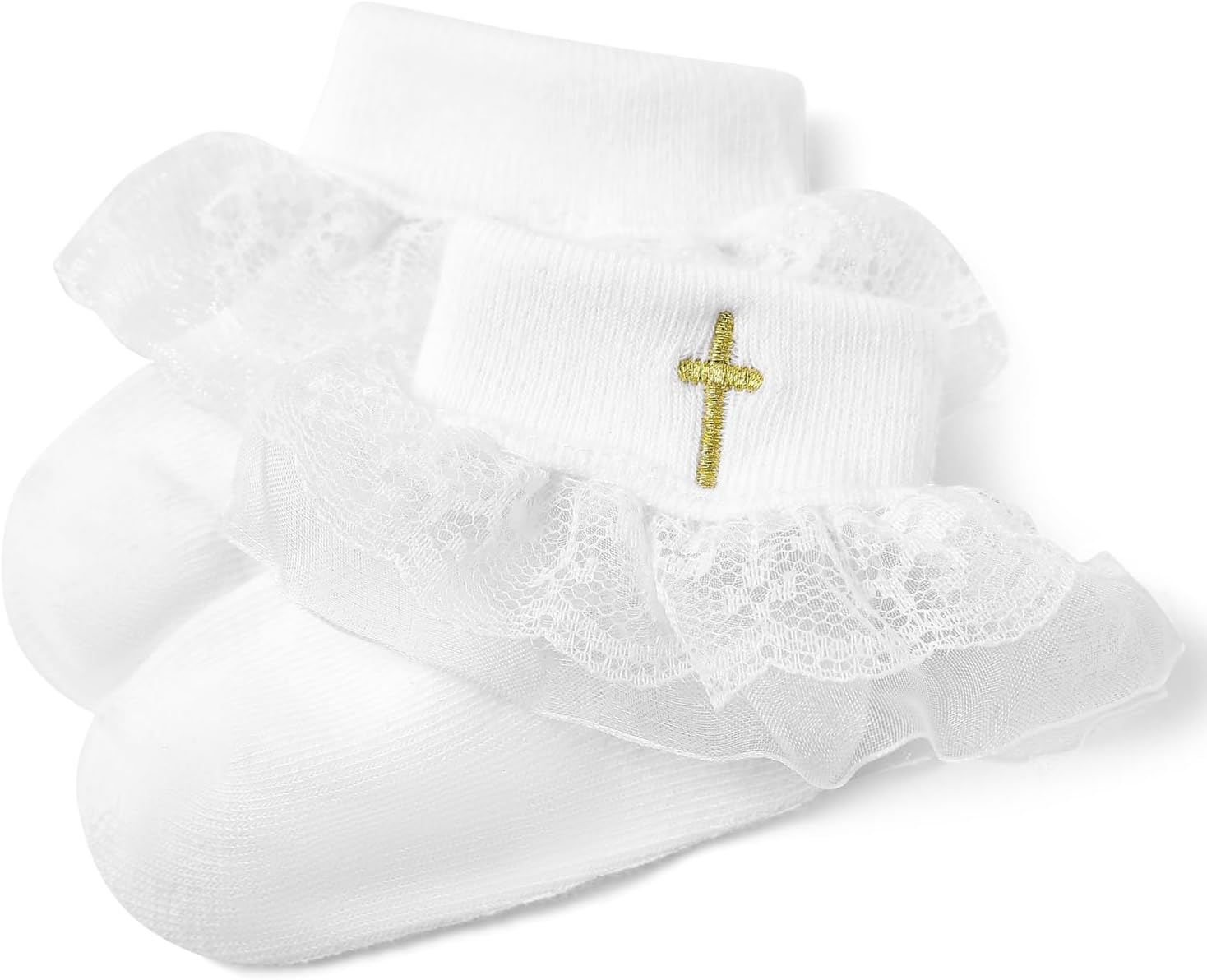 Baptism Socks for Baby Girls - White Newborn Christening Socks With Cross & Eyelet Frilly Lace