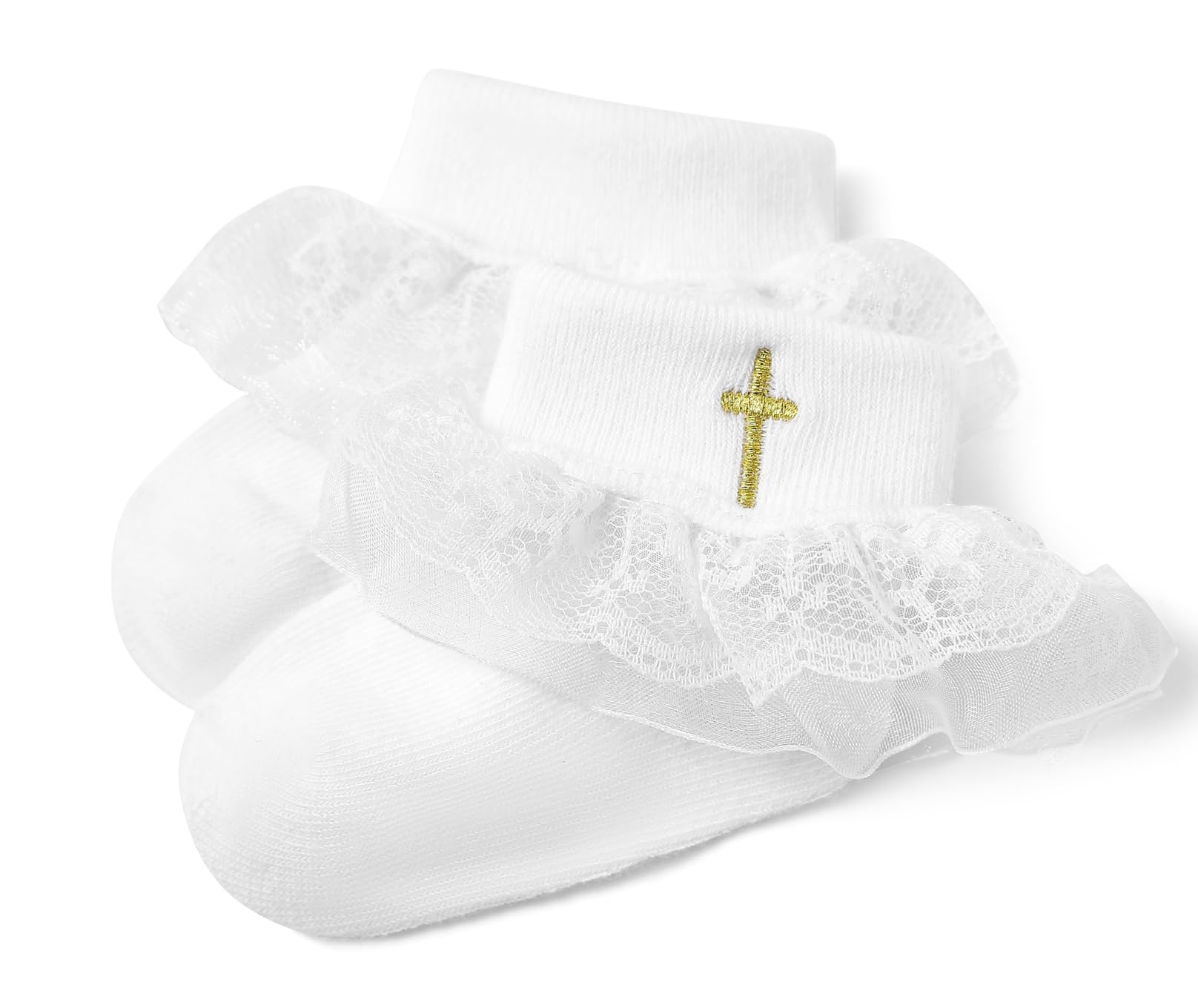 Baptism Socks for Baby Girls - White Newborn Christening Socks With Cross & Eyelet Frilly Lace