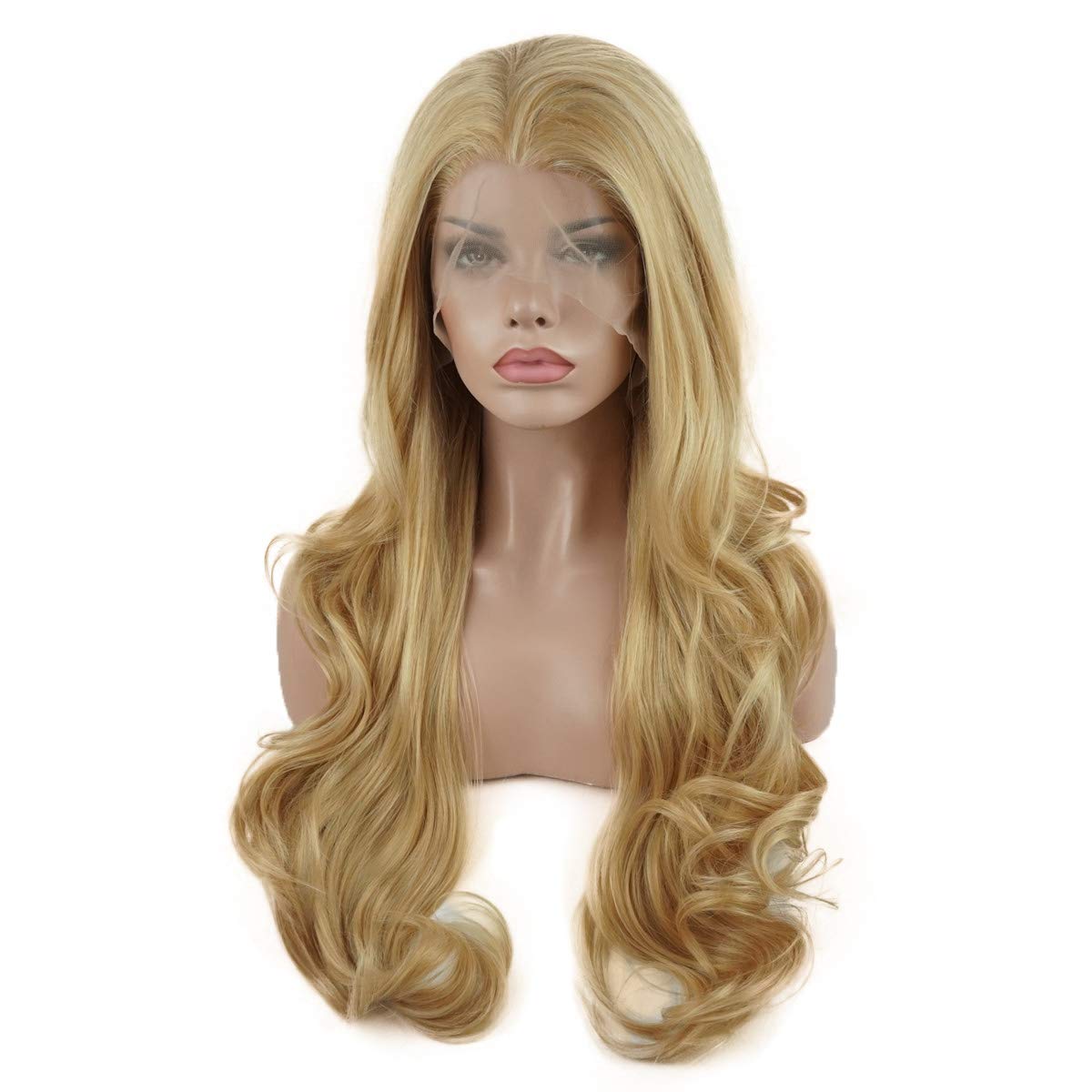 Lushy Wavy Long Two Tone Blonde Mix Wig Half Hand Tied Heat Friendly Full Density Synthetic Lace Front Wig