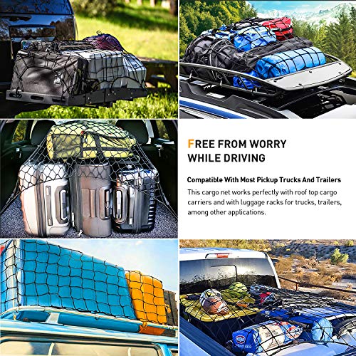 4'x6' Bungee Cargo Net for Truck Bed Stretches to 8'x12' | No Gaps Securing Cargo Nets to Rooftop Carrier, Roof Rack, Cargo Hitch, SUV | 24 Pieces Universal Hooks | 5 mm Diameter Small 4" x 4" Mesh