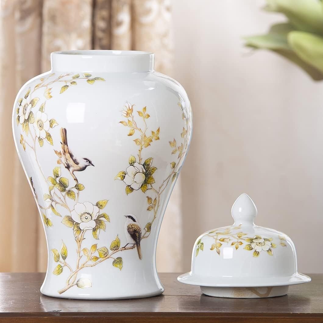 Ceramiczny dekoracyjny słoik z pokrywką, słoik imbirowy do dekoracji wnętrz, wzór białych kwiatów i ptaków, słoik do przechowywania i ekspozycji