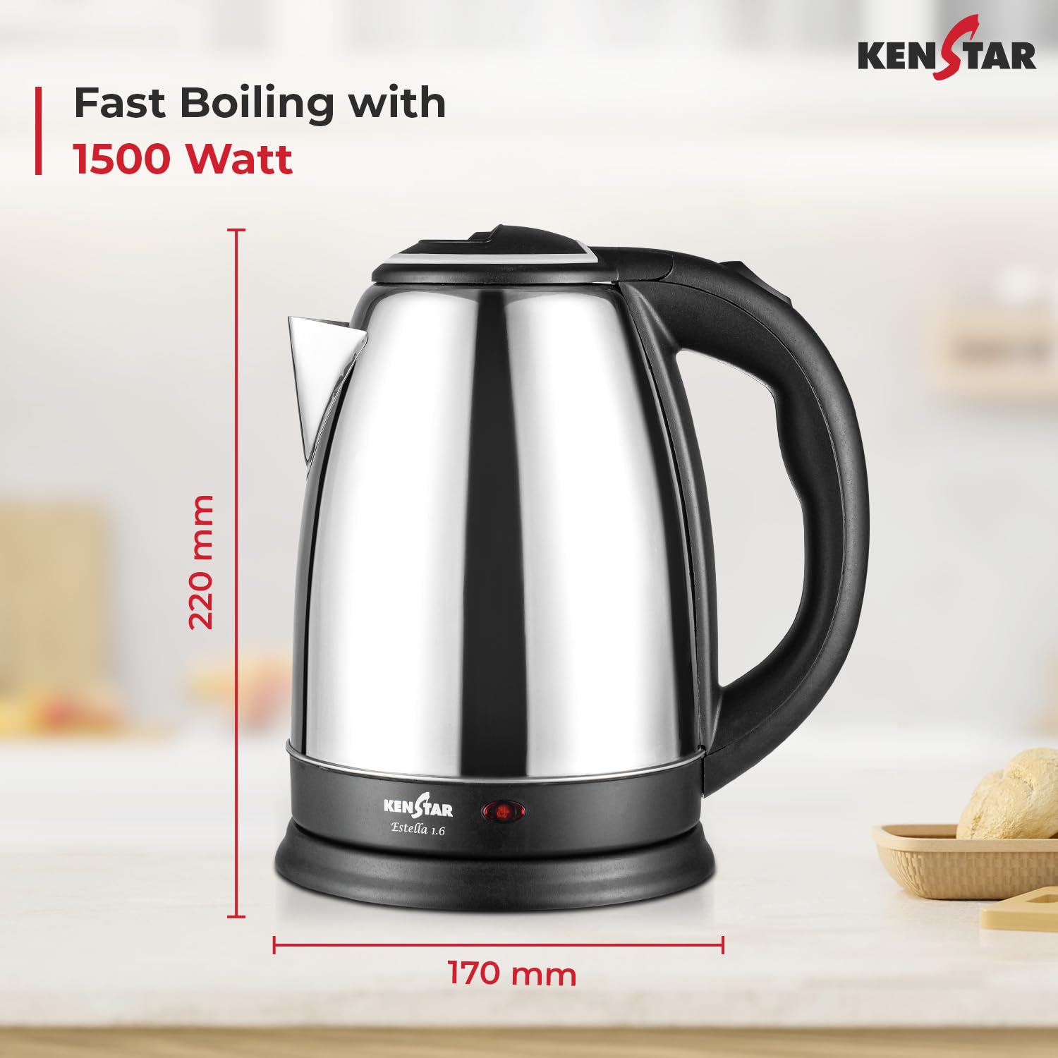 Kenstar Estella 1.6L Electric Kettle | Stainless Steel Body | Auto Cut-Off & Dry Boil Protection | 360° Swivel Base | 1350 W | SS Finish