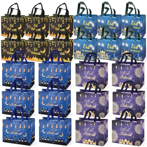 Aviski 24PCS Eid Mubarak Reusable Gift Bags Treat Bags with Handles Ramadan Mubarak Party Bags Multifunctional Non-Woven Eid Bags for Gifts Wrapping Ramadan Kareem Party Supplies