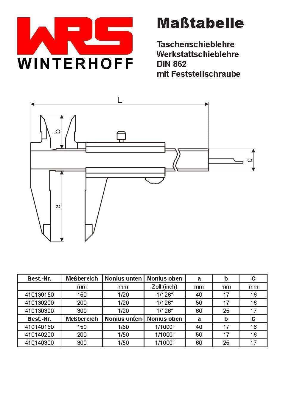 WRS Präz.-Messschieber/Schieblehre mit Feststellschraube, DIN 862, rostfrei, mattverchromt, ganz gehärtet, 4-fach Messung, mit Gewindetabelle, im Etui, Größen Name: 300 mm Messbereich, Nonius 0,02 mm