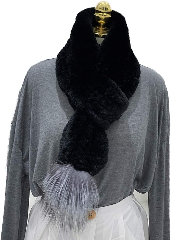 Womens Knitted Scarf Genuine Rex Rabbit Hair Neck Warmer Neckerchief with Fox Hair Pompom Winter