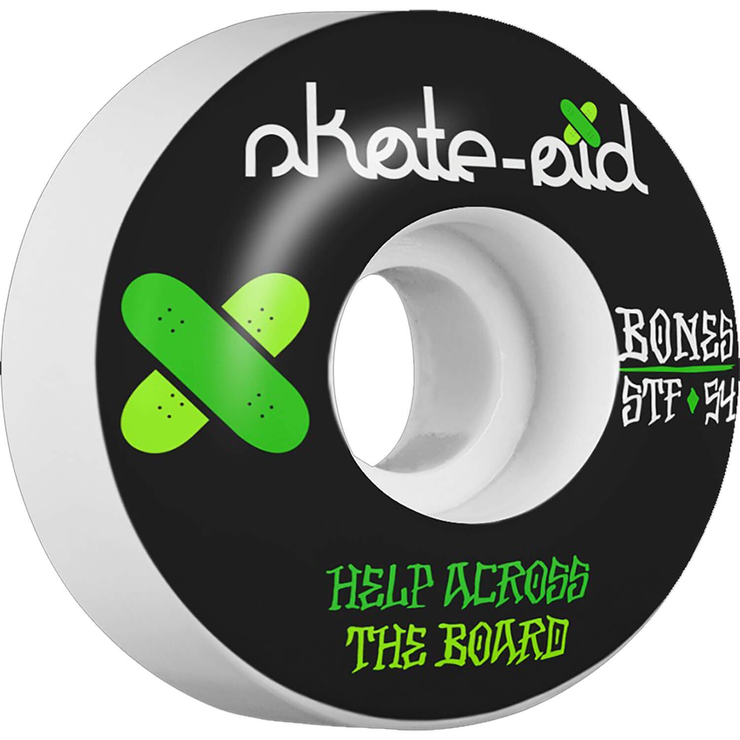 Bones STF SKATE AID II 54mm WHT/BLK W/GRN WHEELS SET