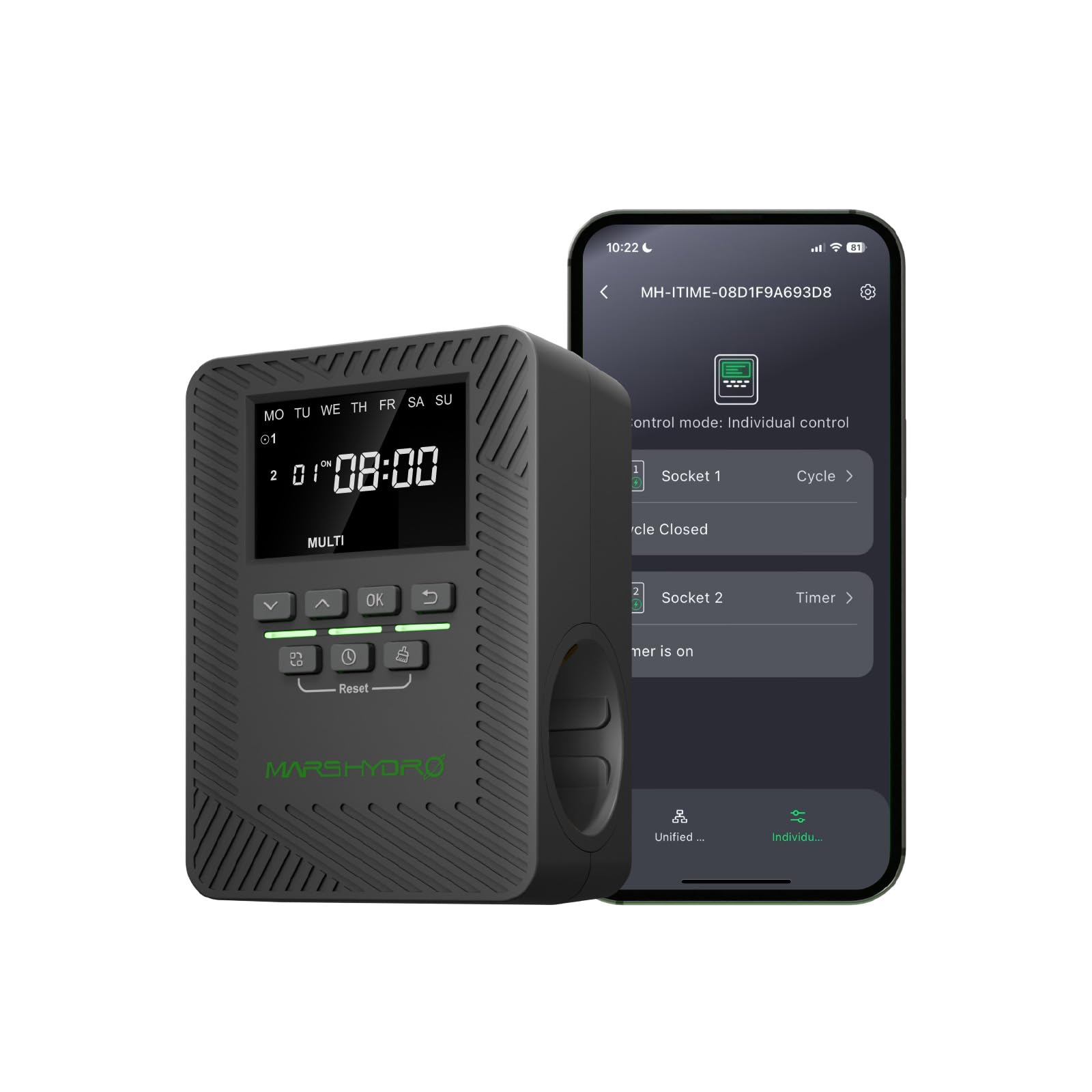 2025 MARS Hydro ITime 2-in-1 zeitschaltuhr digital Doppelsteckdose App-Steuerung individuell programmierbar 12 EIN-/Aus-Schalter für den Einsatz im Homeoffice und beim Pflanzenwachstum