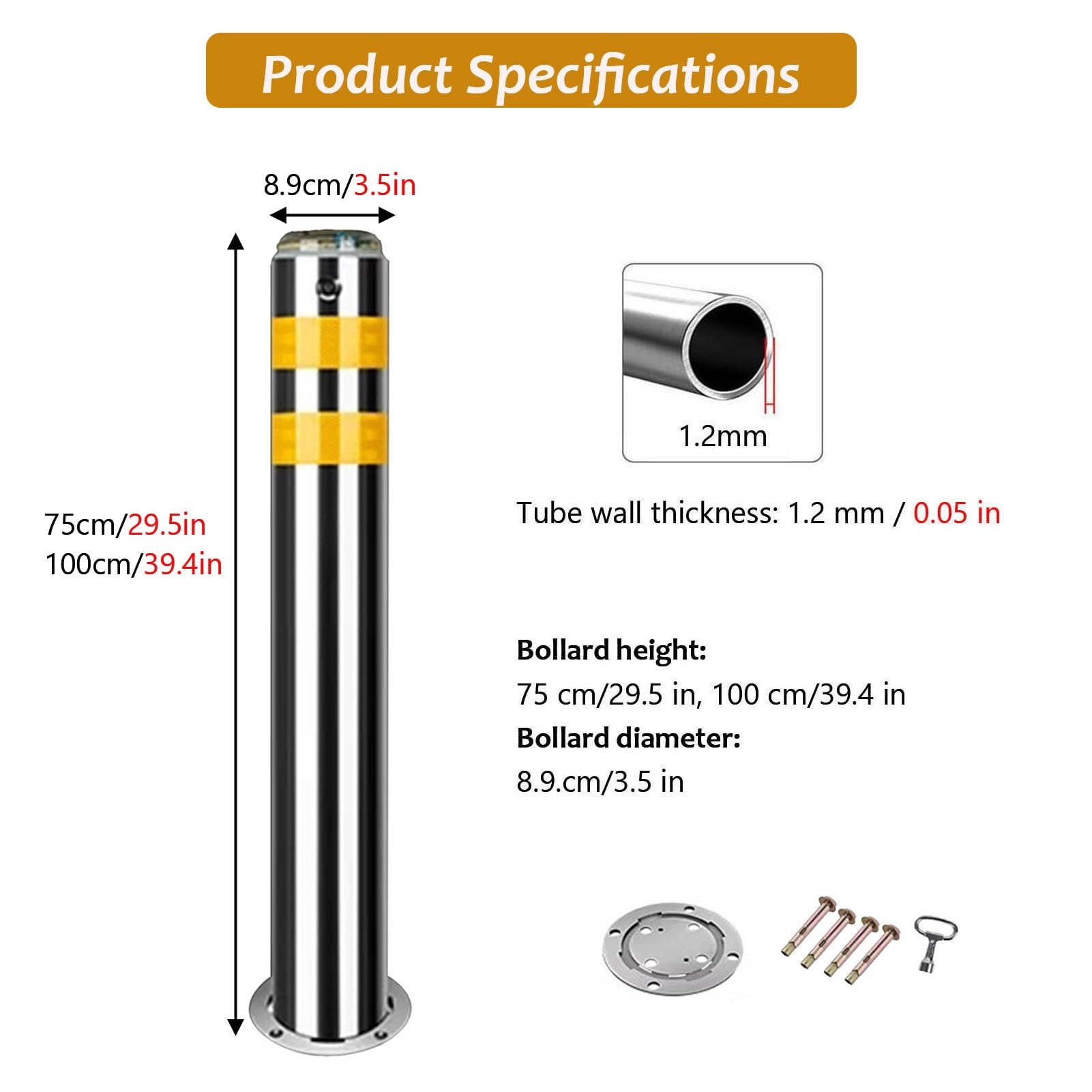 Générique Lot de 2 bornes de sécurité Amovibles en Acier Inoxydable avec Verrouillage, éclairage Solaire étanche pour stationnement extérieur et contrôle de la Circulation (39,4 x 3,5 Pouces)