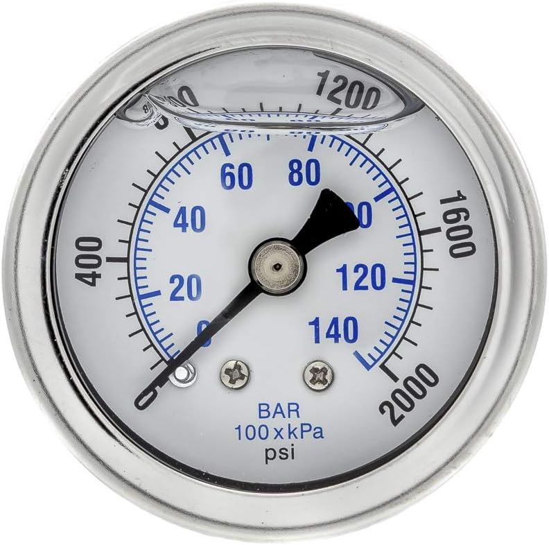 PIC Gauges 202L-158O Center Back Mount Glycerine Filled Pressure Gauge w/ SS Case/Bezel, Brass Internals, PC Lens, 1.5" Dial, 0/2000 psi Range, 1/8" Male NPT