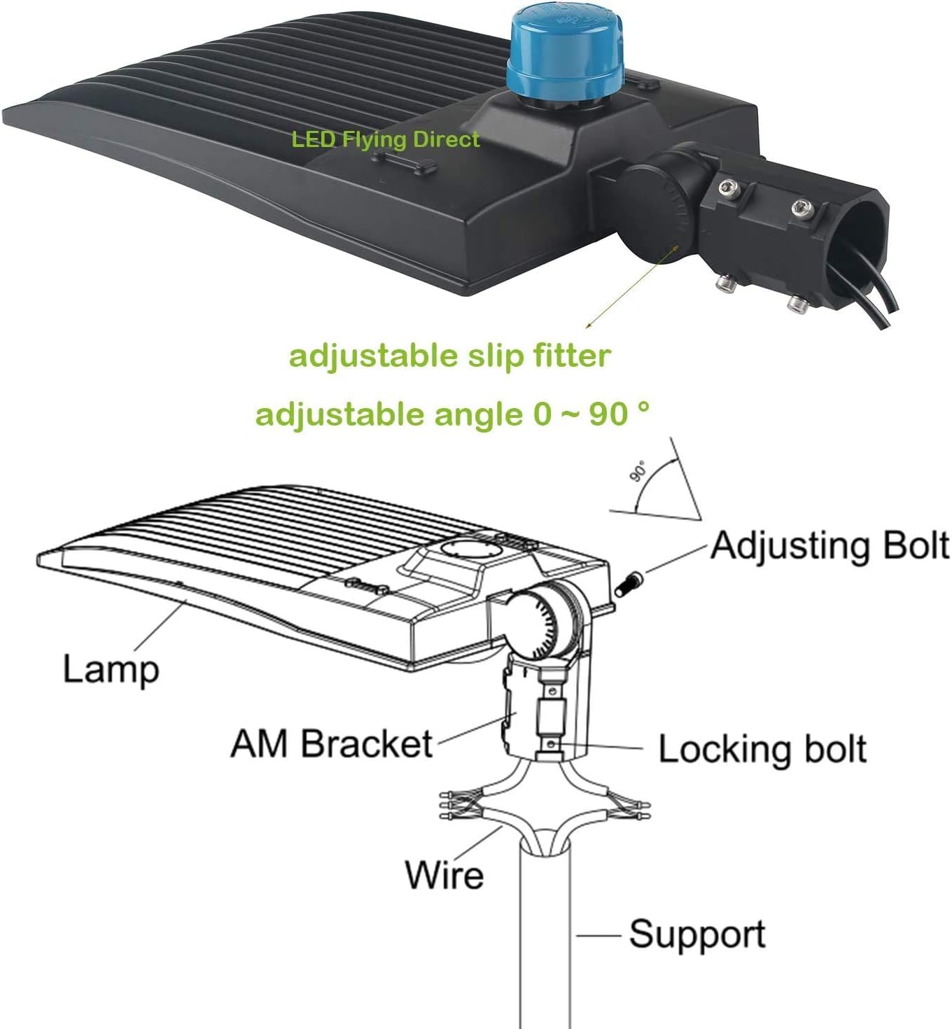 LED Parking Lot Light 300W/240W/200W Selectable, Up to 42000LM, Dusk-to-Dawn Photocell, Shoebox Pole Light, 1-10V Dimmable, 5000K, 100-277V AC, Surge Protection, UL & DLC Listed, Slip Fitter Mount