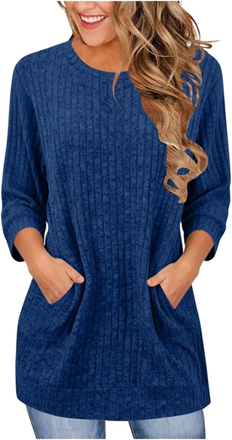Women's 3/4 Sleeve Tunic Top Round Neck Loose Fit Casual Ribbed Soft Blouse with Pockets Spring Fall Fashion Shirts