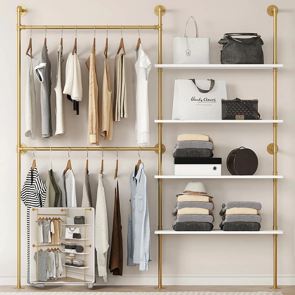 Industrial Pipe Clothing Rack Wall Mounted Heavy Duty, Space Saving Garment Hanger System for Wardrobe/Walk-in Closet,Black