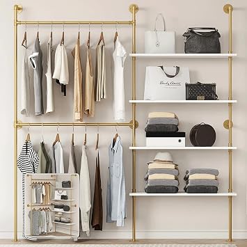 Industrial Pipe Clothing Rack Wall Mounted Heavy Duty, Space Saving Garment Hanger System for Wardrobe/Walk-in Closet, Gold