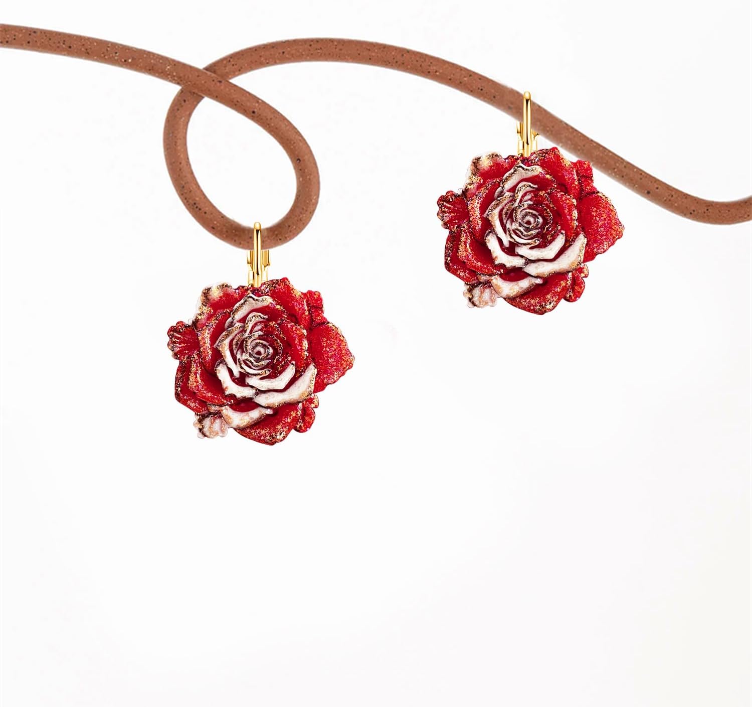 Red Resin Rose Flower 14K Gold Dangle Drop Earrings Camellia Floral Leverback Earring For Woman - Image 6