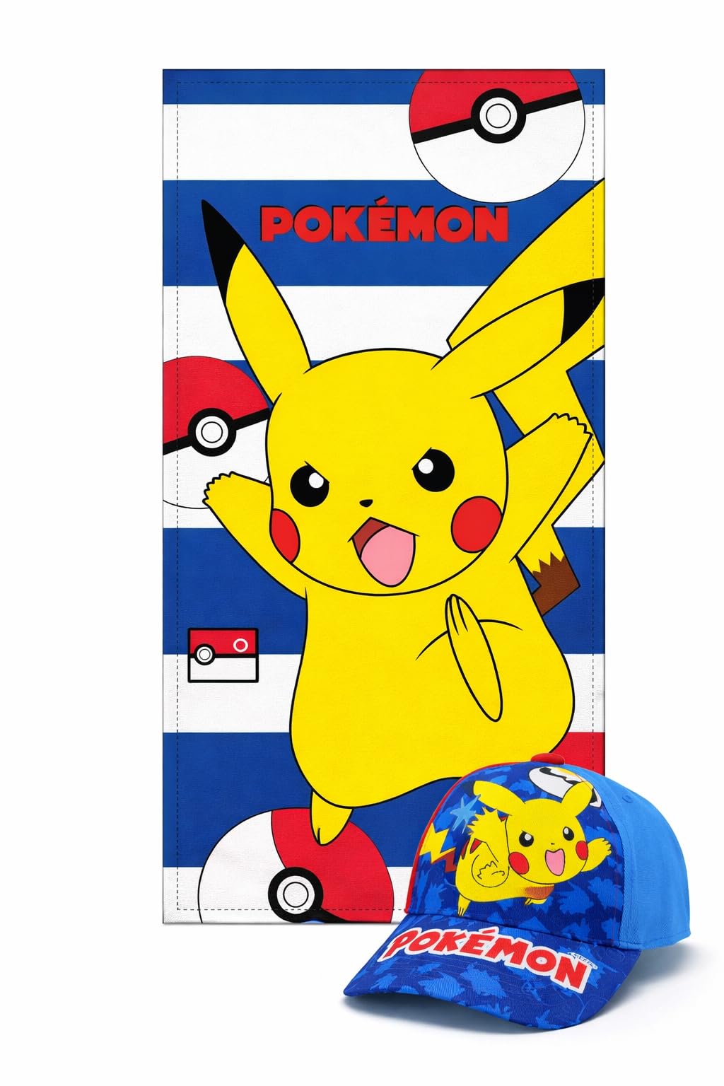 MARUKATSU Pokémon Pack Playa Niño Toalla 140x70 cm + Gorra Ajustable – Set Verano Infantil Piscina Playa Vacaciones Regalo Niños Pikachu