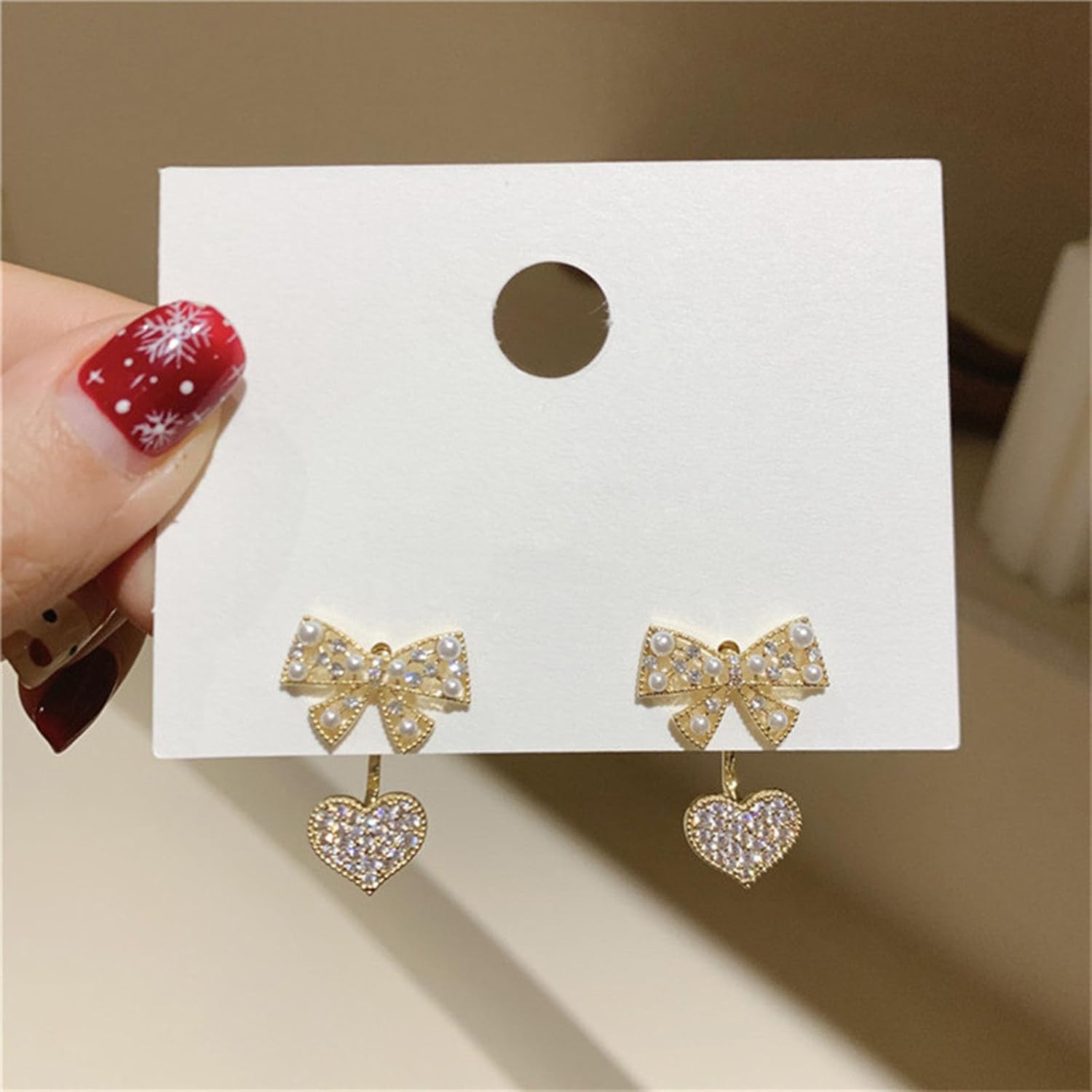 W WEILIRIAN Boho Crystal Heart Jacket Earrings for Teen Pearl Bow Earrings Gold Bow Stud Earrings Love Heart Dangle Earrings Two Ways Front Back Earrings Jewelry for Women - Image 7