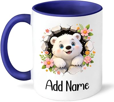 Personalized Polar Bear White Mug 11oz 15oz, Funny Animal Coffee Tea Cup, Customized Name Polar Bear Peeking Through Wall Ceramic Mug for Daughter Sister Mama, Animal Flowers Porcelain Cup