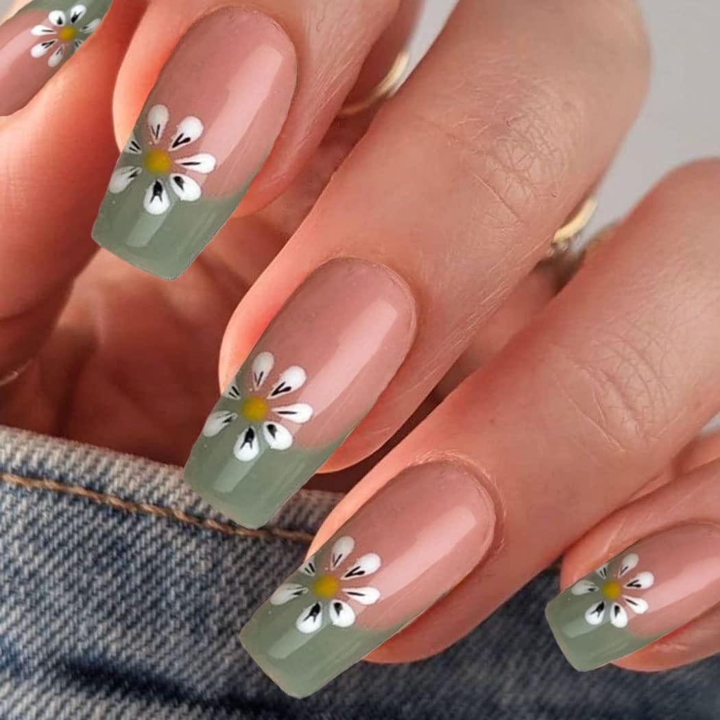 Amazon.com: Florry Press on Nails Medium Coffin Fake Nails with Flower Green  Nails Acrylic Full Cover False Nails for Women and Girls 24PCS : Beauty &  Personal Care