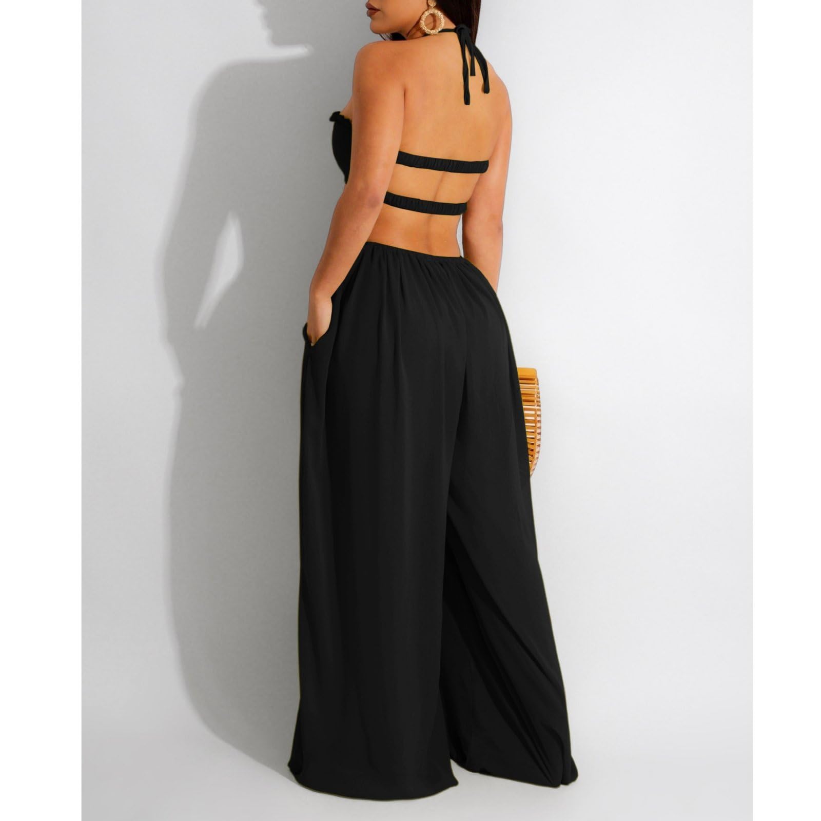 Pajacyk dla kobiet z odkrytymi ramionami Hollow Out Wide Leg Romper Letnie stroje wakacyjne