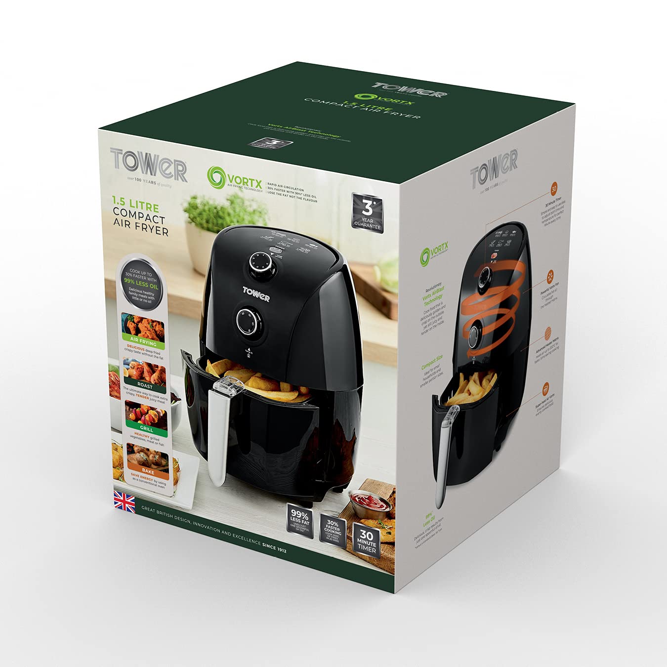 Tower T17025 Vortx Compact Air Fryer with Rapid Air Circulation, 30Minute Timer, 1.5 Litre