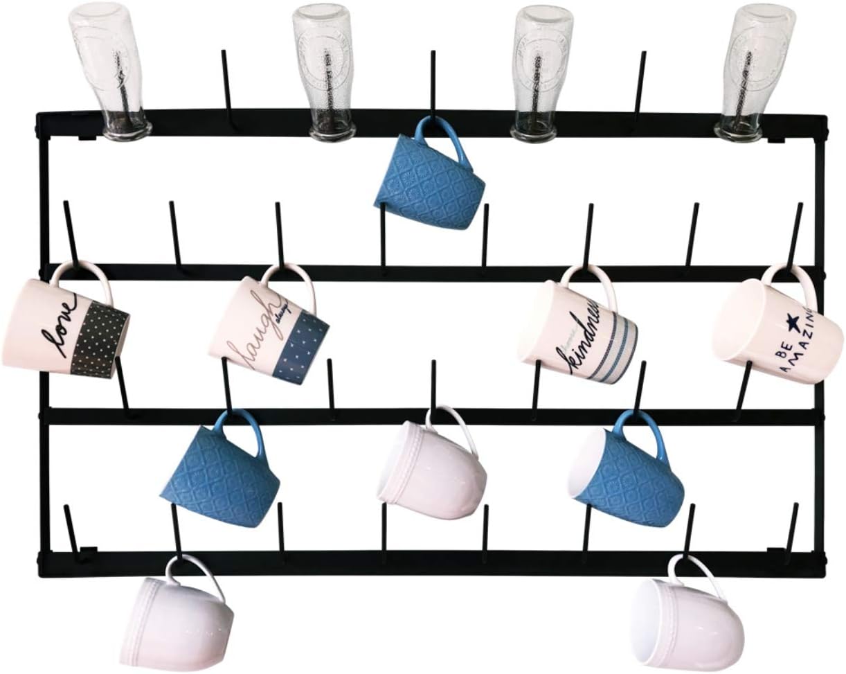 Mug Rack Wall 30 Peg Mounted Coffee Cup Holder, 4 Row, Home Kitchen and Breakroom Organizer (36" x 21")