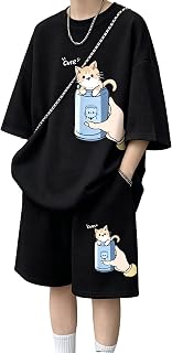 [FJLTDCP] 夏服 半袖 メンズ 上下セット ジユニセックス 猫プリント＆ショートパンツ セットアップ ルーズフィット吸汗速乾薄手 カジュアル 3色展開 ゆったり カジュアル 春夏用