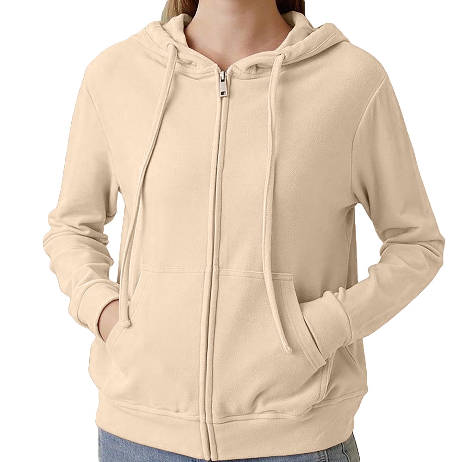 Generisch Felpa con cappuccio e cerniera, casual, a maniche lunghe, leggera, comoda e morbida, taglie forti, da donna, colore beige, taglia L