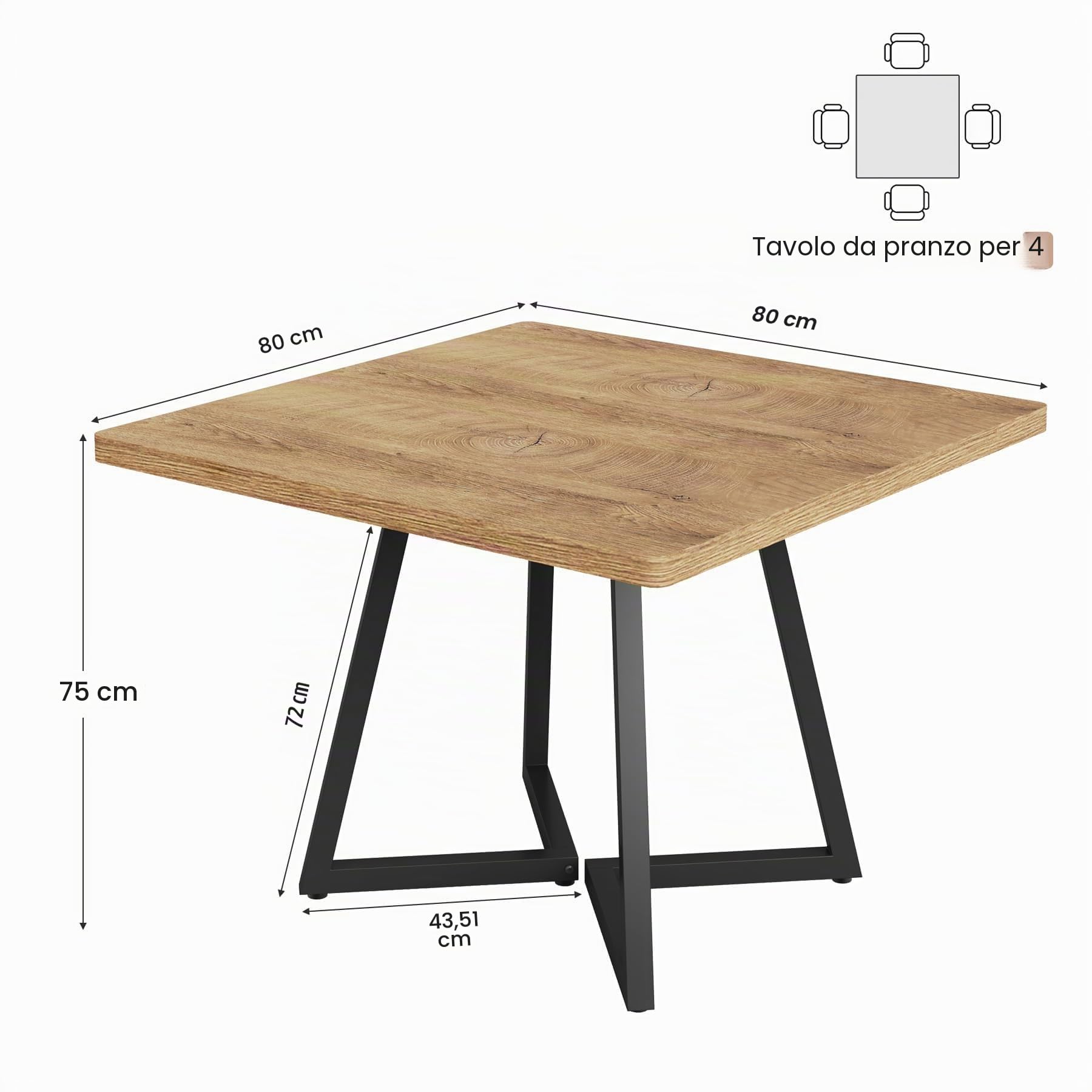 Tribesigns Tavolo da pranzo quadrato per 2, tavolo da pranzo moderno da 80 cm, con base in metallo, tavolo da cucina per sala da pranzo, piccolo spazio, appartamento, naturale e nero